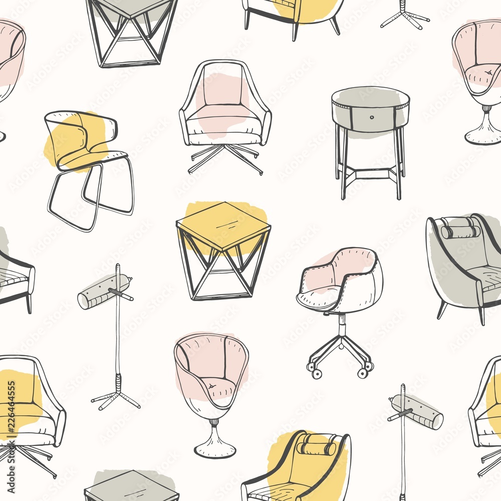 Poster modern seamless pattern with stylish furniture drawn with contour lines on colored stains and white 