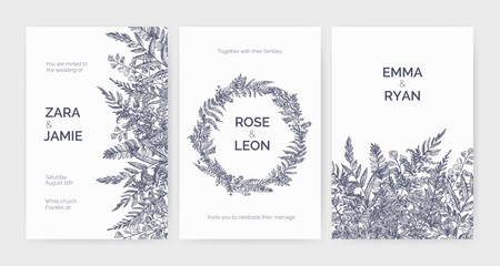 Set of trendy wedding invitation templates decorated with elegant ferns, wild herbs and herbaceous plants on white background. Monochrome hand drawn vector illustration in gorgeous retro style.