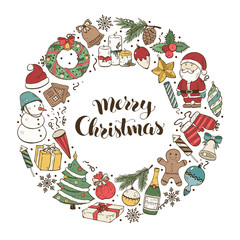 Hand drawn Merry Christmas doodle objects in circle composition around text. Vector illustration of New year symbols  on blue background. Happy holidays.