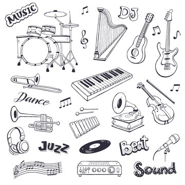 Hand drawn musical instruments isolated on white background. Doodle music elements vector illustration. Musical equipments in sketch style.