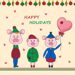 Symbol of 2019-pink pigs in clothes.New Year colorful balls on white backround.