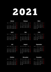 2021 year simple calendar on german language, A4 size vertical sheet on dark background