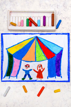Colorful and drawing: Circus tent and happy children