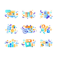 Business elements set, office tools, management, finance, strategy, marketing symbols vector Illustration on a white background