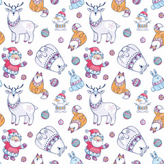 Christmas seamless pattern with Santa Claus, snowman and cute animals. Childhood vector background in ethnic style.