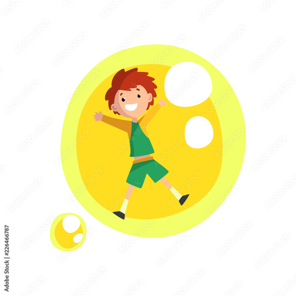 Poster Cute smiling boy having fun inside a giant yellow soap bubble cartoon vector Illustration on a white background