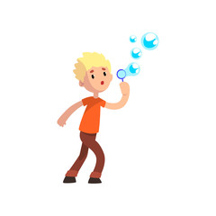 Cute boy blowing soap bubbles cartoon vector Illustration on a white background