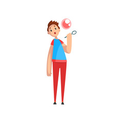 Teen boy blowing soap bubble with ring cartoon vector Illustration d on a white background