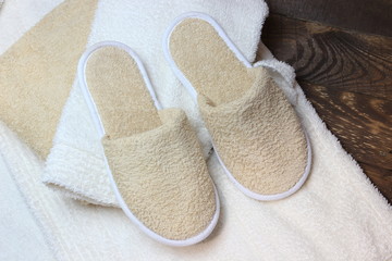 Bath slippers and bathrobe