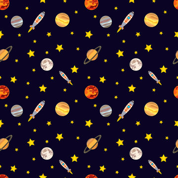 Vector Seamless Cosmos Pattern. Colorful Background, Deep Dark Background with Stars.