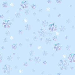 Watercolor painting snowflakes falling seamless pattern on light blue background, design for merry christmas and happy new year celebration.