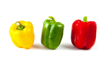 bell peppers over white background, Green, yellow and red Fresh capsicum pepper