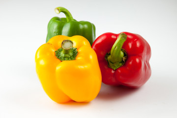 bell peppers over white background, Green, yellow and red Fresh bell pepper