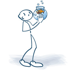 Strichmännchen mit Fisch im Wasserglas