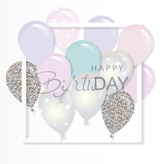 Balloons in paper cut out frame. Birthday and holiday card template. Pastel pinl and silver glitter.