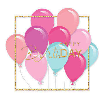 Balloons in glitter frame. Birthday and holiday card template.