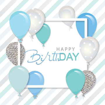 Balloons in paper cut out square frame. Birthday and boy baby shower design. Blue and silver glitter.