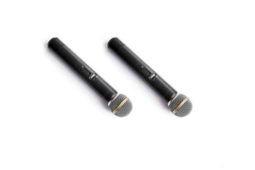 Black Wireless Microphone isolated on white background.A microphone without a physical cable connecting it directly to the sound recording or amplifying equipment with which it is associated.