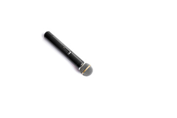 Black Wireless Microphone isolated on white background.A microphone without a physical cable connecting it directly to the sound recording or amplifying equipment with which it is associated.
