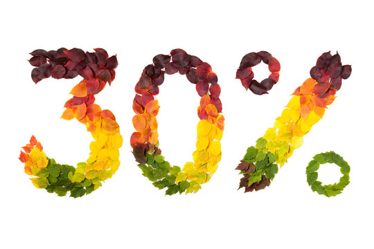 Thirty percent off. Numbers three, zero and percentage sign made with autumn leaves isolated on white. Find others symbols in our portfolio. Autumn time sale shopping, discount price.