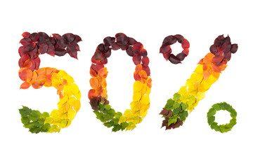 Fifty percent off. Numbers five, zero and percentage sign made with autumn leaves isolated on white. Find others symbols in our portfolio. Autumn time sale shopping, discount price.