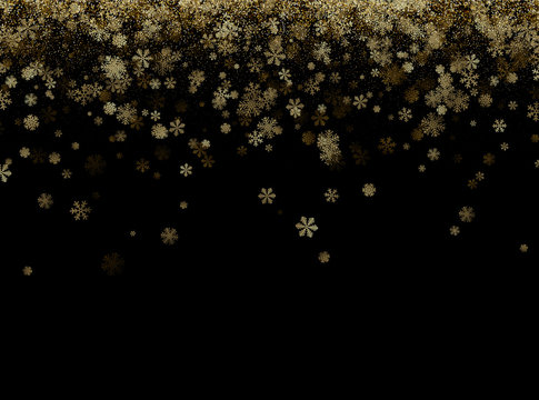Black winter background with golden snowflakes. Christmas template.