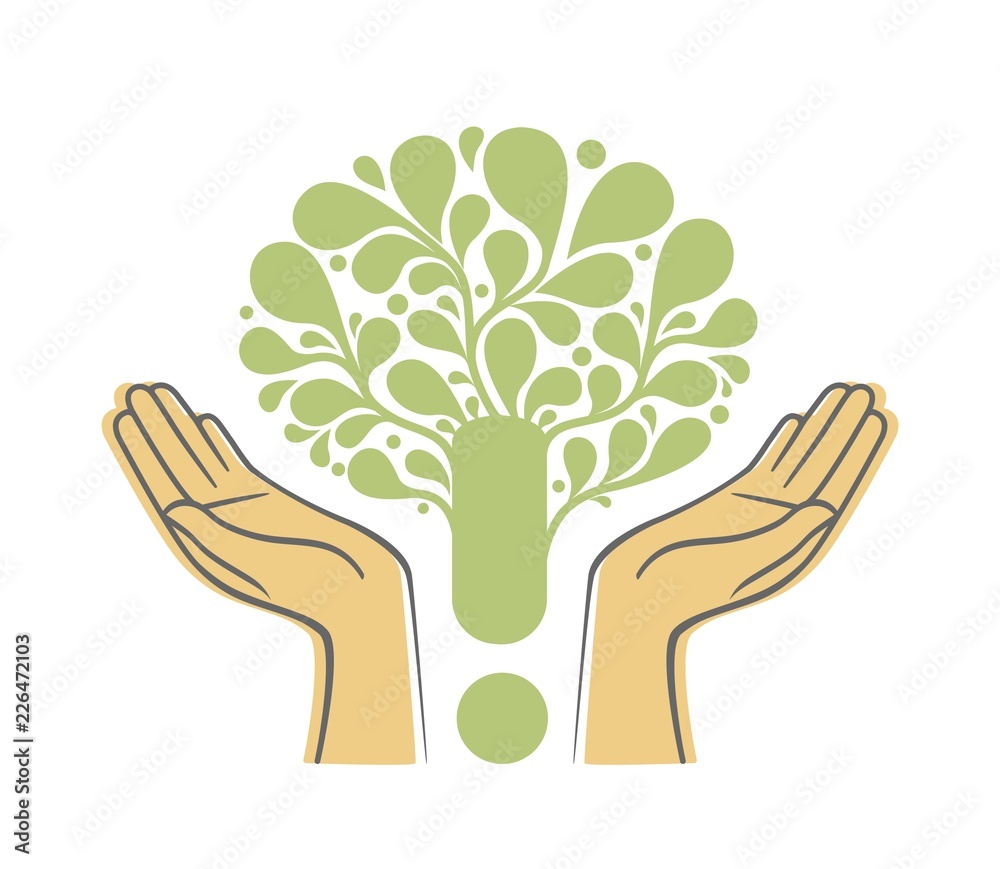 Wall mural human hands holding green tree symbol. concept illustration for environment care or help project