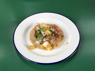 Fresh Mexican Taco on a white enamel plate with green table background