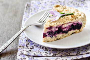 Piece of blueberry cake on a plate