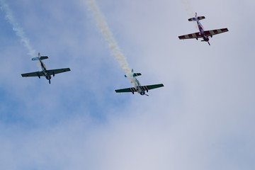 The Barca Women's Aerobatic Team performs aerobatic maneuvers at Mochishche airfield