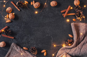 Cozy winter festive background with luminous garland