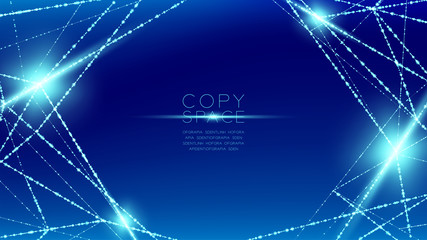 Abstract pattern wireframe polygon bokeh light frame structure and lens flare, Blockchain cryptocurrency concept design illustration isolated on blue gradient background with copy space