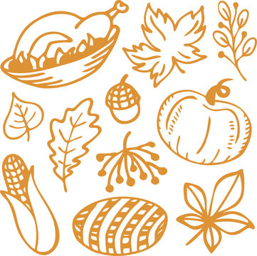 Autumn theme. Happy Thanksgiving day. Food and harvest. Set of vector Illustrations. Sketch. 