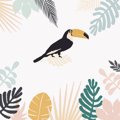 Obraz na płótnie Canvas Tropical jungle leaves background with toucan. Colorful tropical poster design. Exotic leaves, plants and branches art print. Toucan bird wallpaper, fabric, textile vector illustration design
