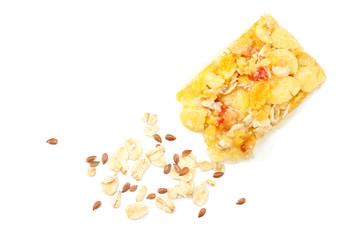 Healthy granola bar ( muesli bar or cereal bar ) isolated on white background. top view