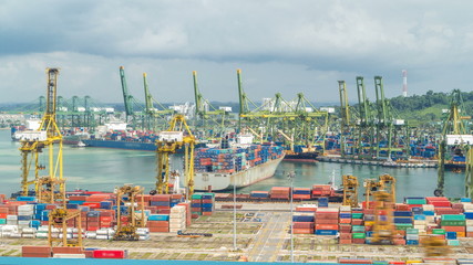 Commercial port of Singapore . Bird eye panoramic view of busiest Asian cargo port