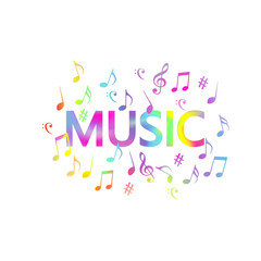 Colorful music notes banner vector illustration design. Music notes and g-clef with word music artistic poster