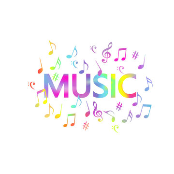 Colorful music notes banner vector illustration design. Music notes and g-clef with word music artistic poster