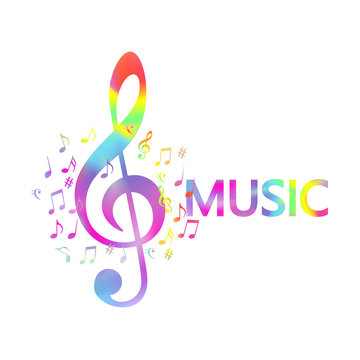 Colorful music notes banner vector illustration design. Music notes and g-clef with word music artistic poster