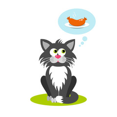 Isolated cartoon sitting gray cat on white background. Frendly cat think about food, sausage. Animal funny personage.