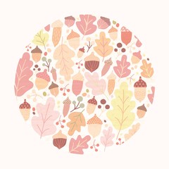 Circular autumn composition with fallen oak tree leaves, acorns and berries isolated on white background. Decorative design element. Colorful seasonal vector illustration in modern flat style.