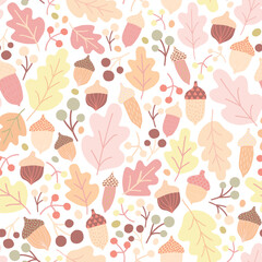 Autumn seamless pattern with fallen oak leaves, acorns, berries on white background © Good Studio