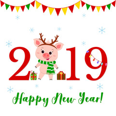 Happy New Year and Merry Christmas greeting card. Cute pig in deer horns and a striped scarf. The symbol of the new year in the Chinese calendar. 2019. Vector