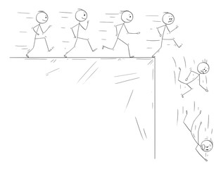 Cartoon stick drawing conceptual illustration of people following they dreams and disillusion when they finally meet the reality. Metaphorical illustration of line of enthusiastic men running and