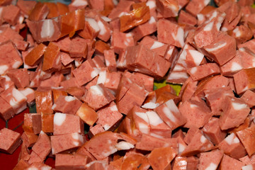 Close-up of the chopped smoked sausage