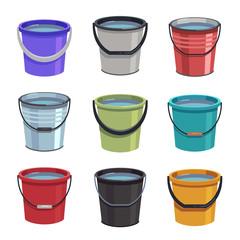 Cartoon buckets. Water pails, metal and plastic bucket. Isolated vector set. Collection of bucket container with water, pailful plastic and aluminum illustration © MicroOne