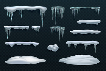 Snow elements. Snowball and snowdrift, icicles and snowcap borders. Isolated winter vector set. Illustration of snowball effect, frost snowcap - obrazy, fototapety, plakaty