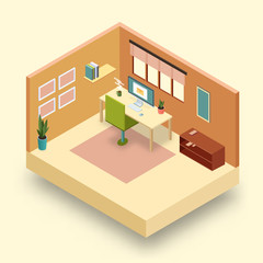 Isometric 3d model of office or home workplace with desk and computer.