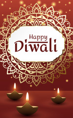 Happy Diwali card with oil lamps and traditional pattern.