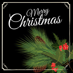 Merry Christmas and Happy New Year greeting card with Chrirstmas decorations fir cones, holly berry. Vector illustration, baner, poster